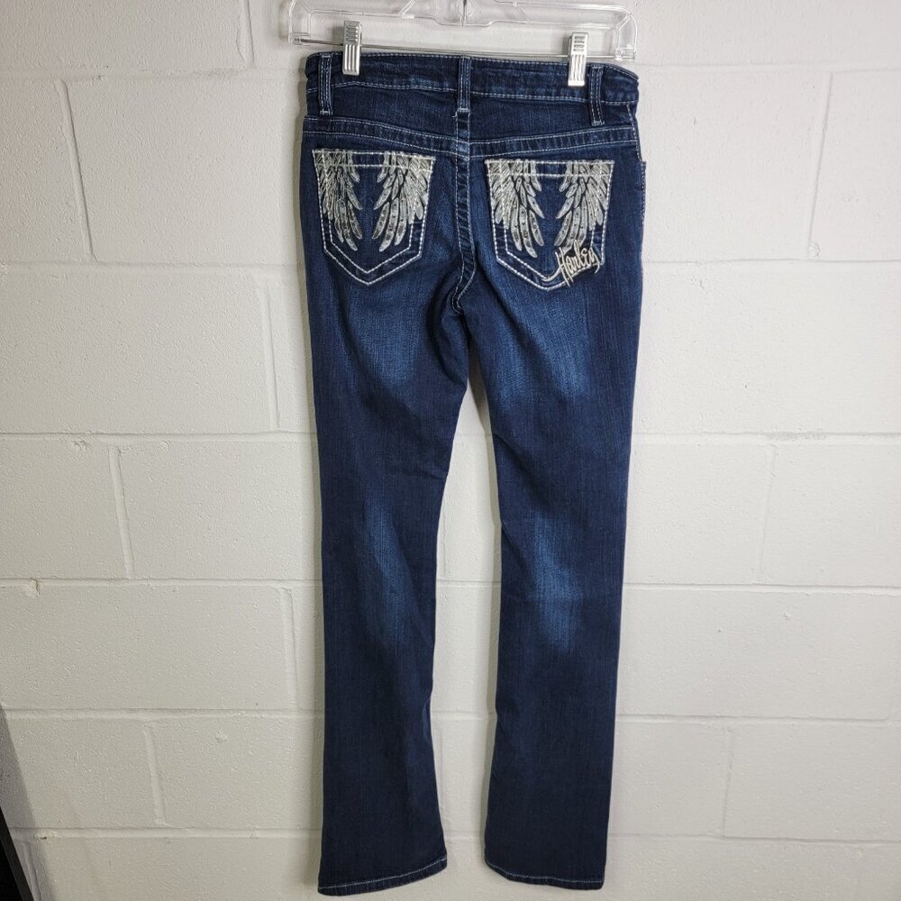 Harley Davidson Angel Wing Biker Bling Pocket Jeans Womens 0 Tall Y2K Dark Wash - Picture 9 of 12